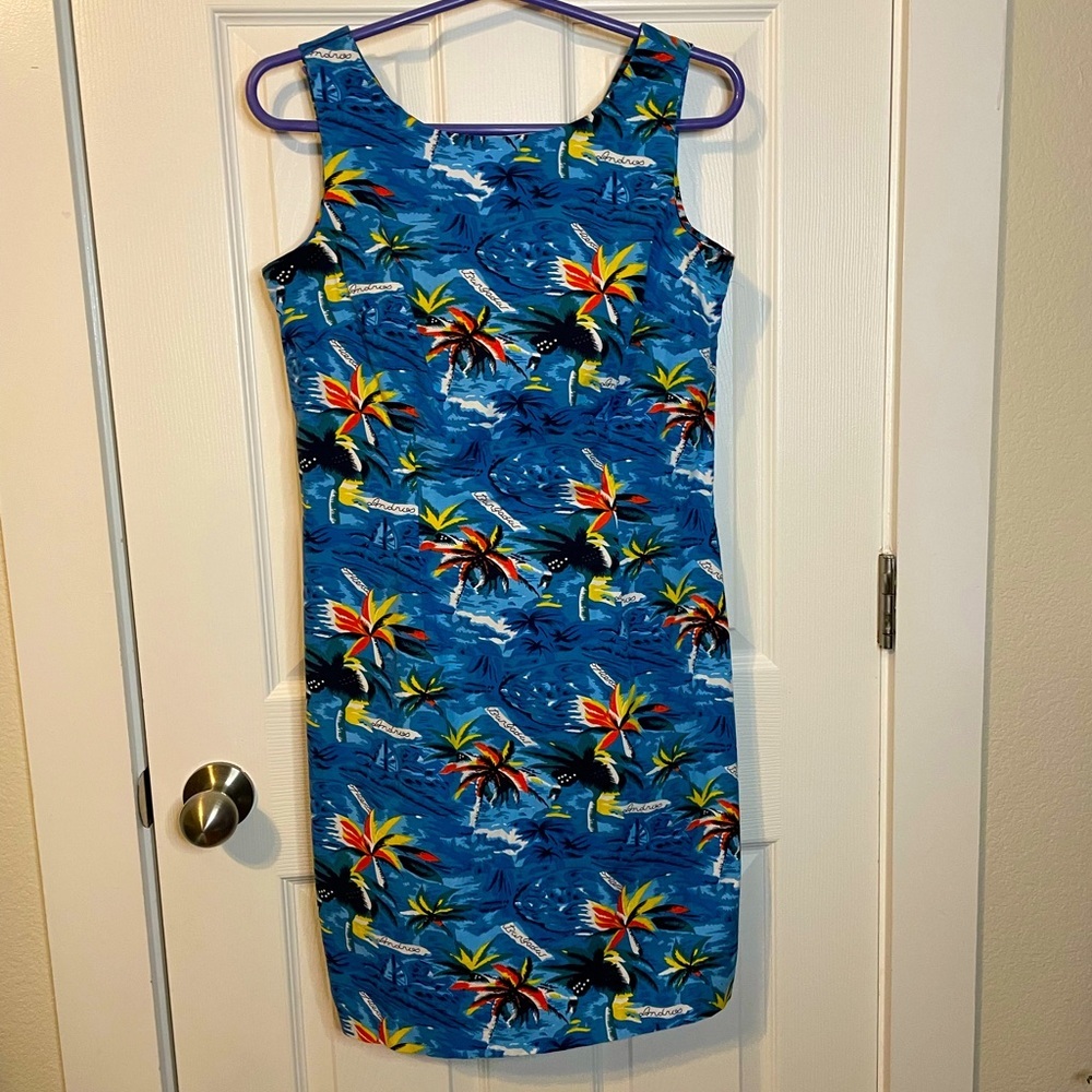 Mosaic retro blue & orange palms Hawaiian style sheath dress sz 8